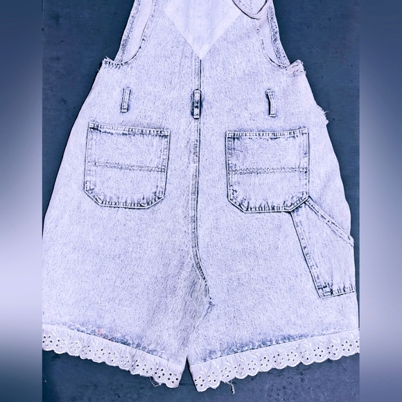 Vintage Deb White Wash Blue Destruct Denim Overalls with Lace Embroidery - Picture 4 of 9